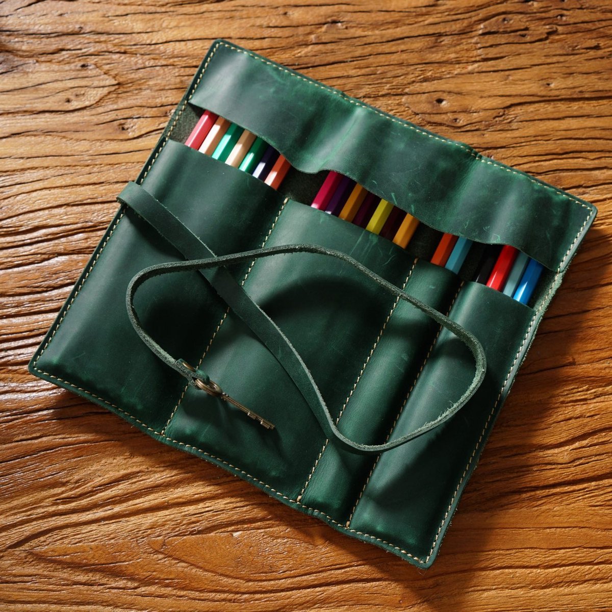 Leren Rol Etui van Top-Grain Rundleer – Pennenhouder voor 10 Pennen - Groen