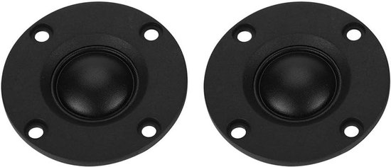 Twee zwarte tweeters met een 5 cm zijden koepel, gemonteerd op een ronde zwarte behuizing met vier schroefgaten.