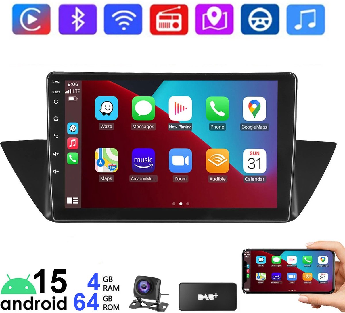 ESSGOO CarPlay autoradio geschikt voor BMW X1 E84 2010-2015 - Draadloos Apple CarPlay & Android Auto - 4GB + 64GB - Android 15 - Bluetooth WIFI RDS FM - Achteruitrijcamera - DAB+