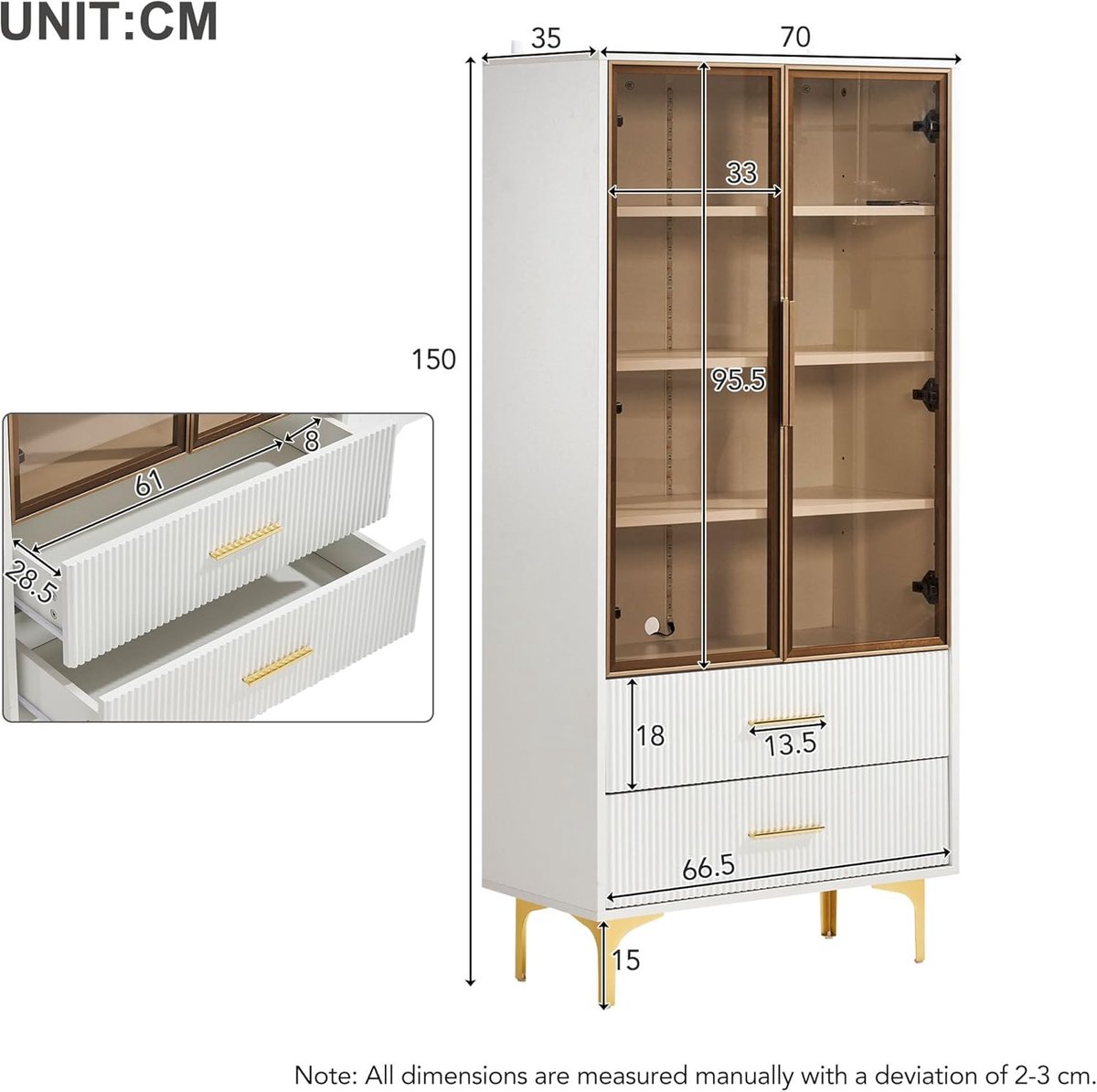 Vitrine met LED Verlichting – Casa Velluto Luminia 150 cm Hoog Glazen Vitrine – Collectievitrine met Deur en 2 Laden – Glazen Boekenkast met Verstelbare Planken – Wit – Modern Design voor Woonkamer, Eetkamer en Thuiskantoor