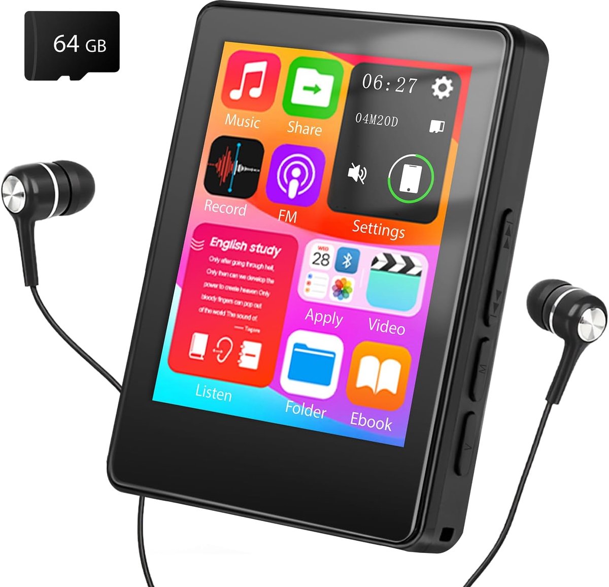 64GB MP3 Speler met Bluetooth 5.3 - 2.4 Inch Full Touchscreen - HiFi Geluid - FM Radio en Recorder - One-Tap Mute Toets - Uitbreidbaar tot 512GB - Inclusief Bedrade Headset