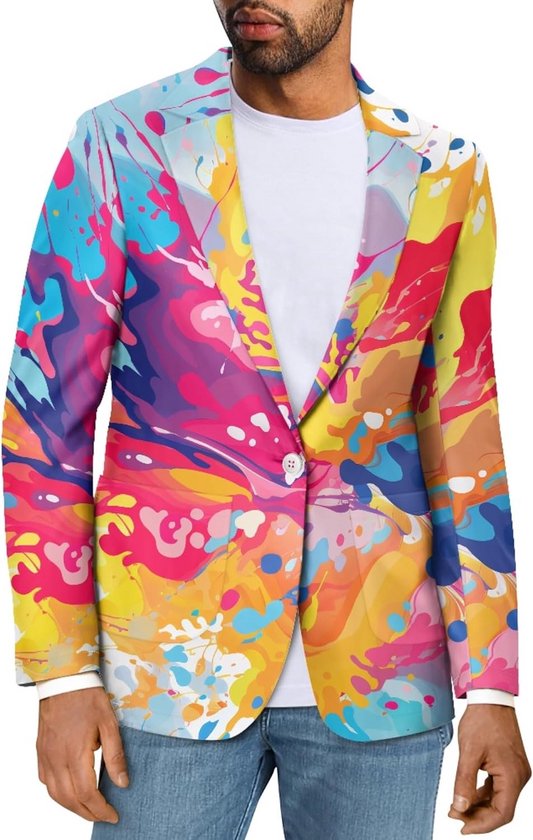 Herens blazer met abstracte spettersprint in felgekleurde tinten zoals geel, oranje, roze, paars en blauw.