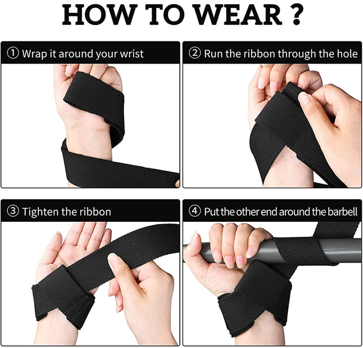 2 sets fitness versterkingsbanden - polsbanden voor gewichtheffen, deadlift, krachttraining - trainingsbanden, voor mannen en vrouwen, sportondersteuningsbanden, pull-up/dumbbell anti-slip en slijtvast, zwart - stijl 3 – foto 4