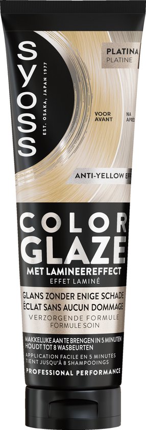 SYOSS Color Glaze Platinum haargloss toner in platina blond. "Voor" en "Na" met lamination effect en "Anti-Yellow Effect".