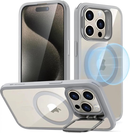 Coque ESR pour Apple iPhone 15 Pro - Classic Hybrid HaloLock - Compatible MagSafe / Qi2 et ESR HaloLock - Coque arrière avec support - Béquille pour appareil photo - Grijs transparent