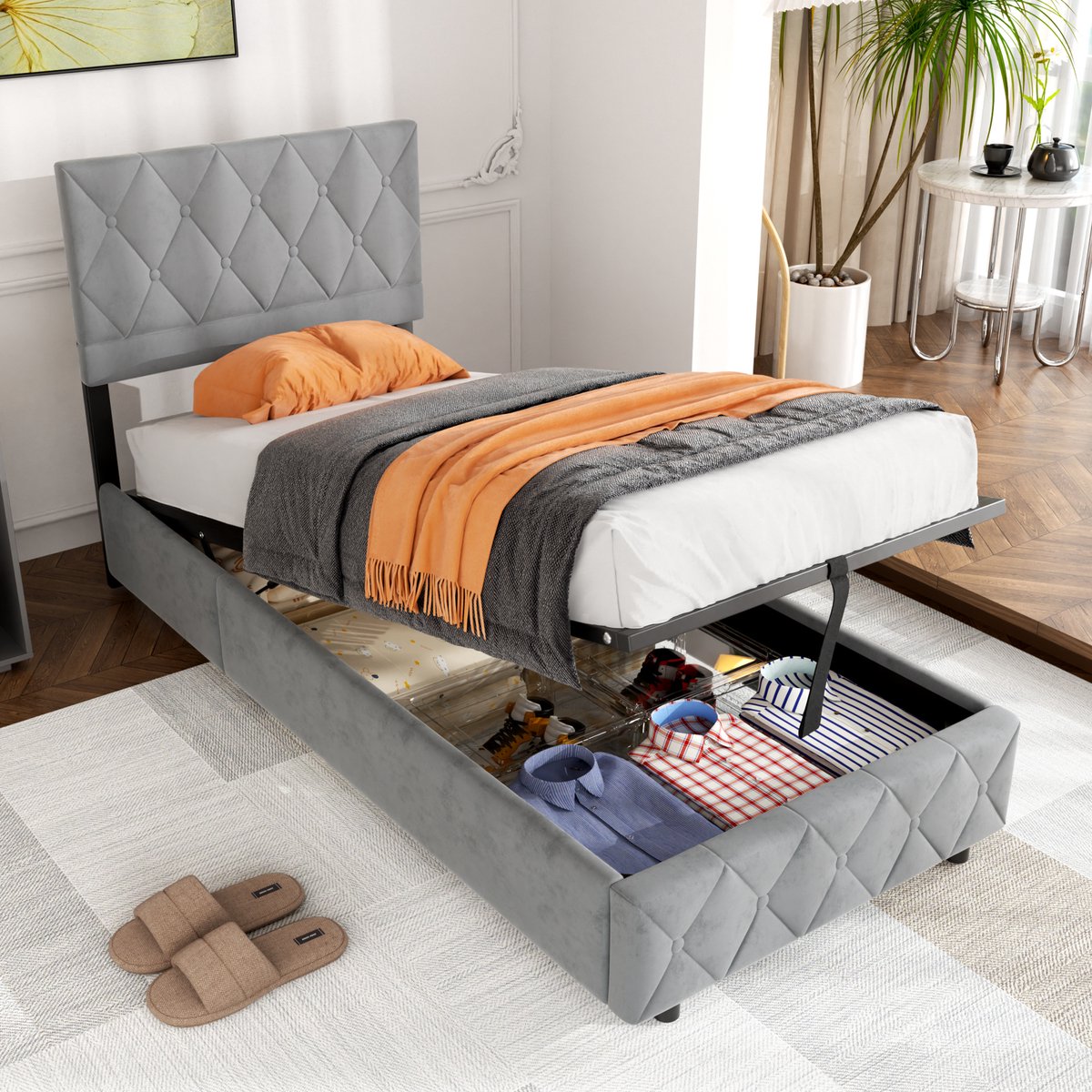 Wishdor Gestoffeerd Opklapbed met Opbergruimte - Hydraulisch Eenpersoonsbed - Velvet / Fluweel - Grijs - LET OP: 90x190 cm
