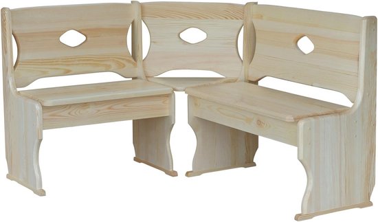 Hoekbank van onbehandeld massief grenenhout met decoratieve uitsparingen in de rugleuning.