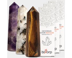 Bixorp Gems Edelsteen Punt set met Maansteen + Amethist + Tijgeroog - Edelstenen Obelisk - Decoratieve Toren van 100% Natuurlijke Edelsteen - 6 tot 8cm
