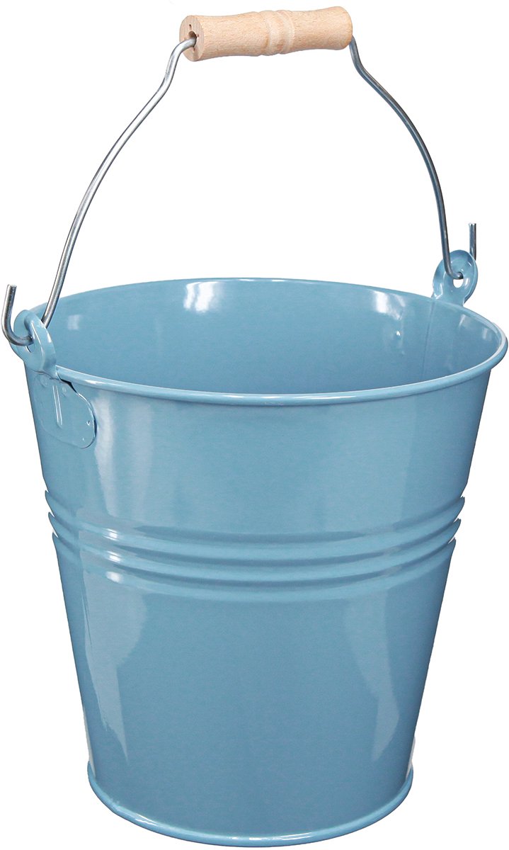 Blauwe metalen emmerbloempot met houten handvat, 26x22,5x23 cm