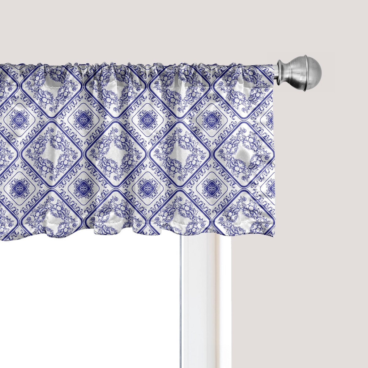 ABAKUHAUS Bloemenpatroon raamvalletje, gordijnvalletje voor keuken en slaapkamer met tunnelzoom, 137 cm x 45 cm, wit en blauw