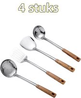 5-delige anti-aanbaklaag Acacia houten besteklepelset om te koken, houten keukengerei saladelepel vork en draaier, pollepel en platte spatel set, kookgerei met lange steel, 30 & 25 cm, natuurlijk