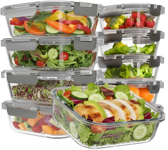 KitchenBrothers Meal Prep Bakjes - Vershoudbakjes Set - Luchtdicht - BPA en PFAS Vrij - 1L en 370ml - Glas - 10 Stuks