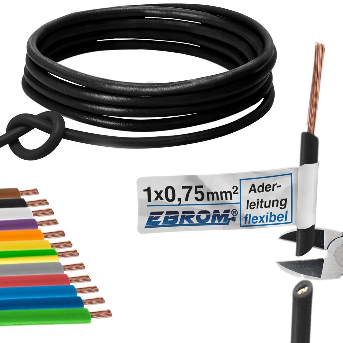 Flexibele Enkeladerige PVC Kabel H05V-K 0,75 mm² - Diverse Lengtes Zwart