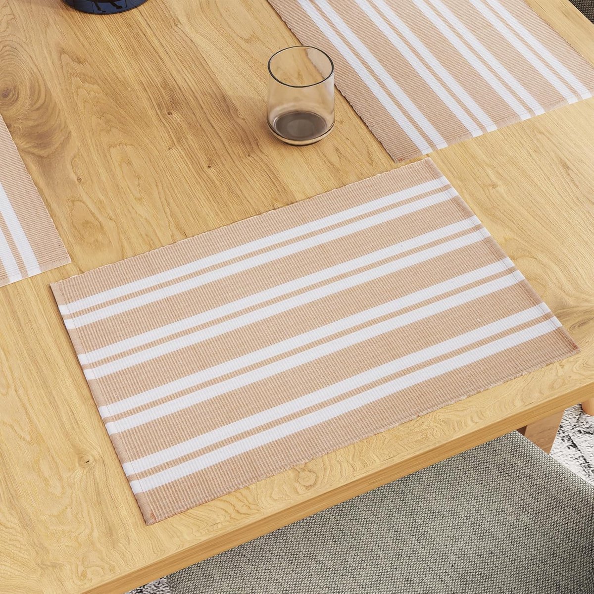 Set van 6 Katoenen Placemats met Dunne Ribbels - Beige Strepen