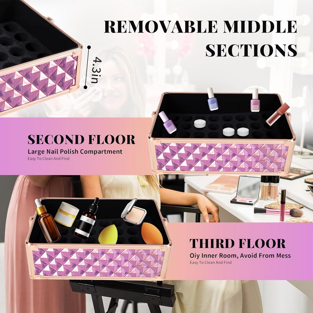 4-in-1 Professionele Make-up Trolley met Grote Opbergruimte en Zwenkwielen