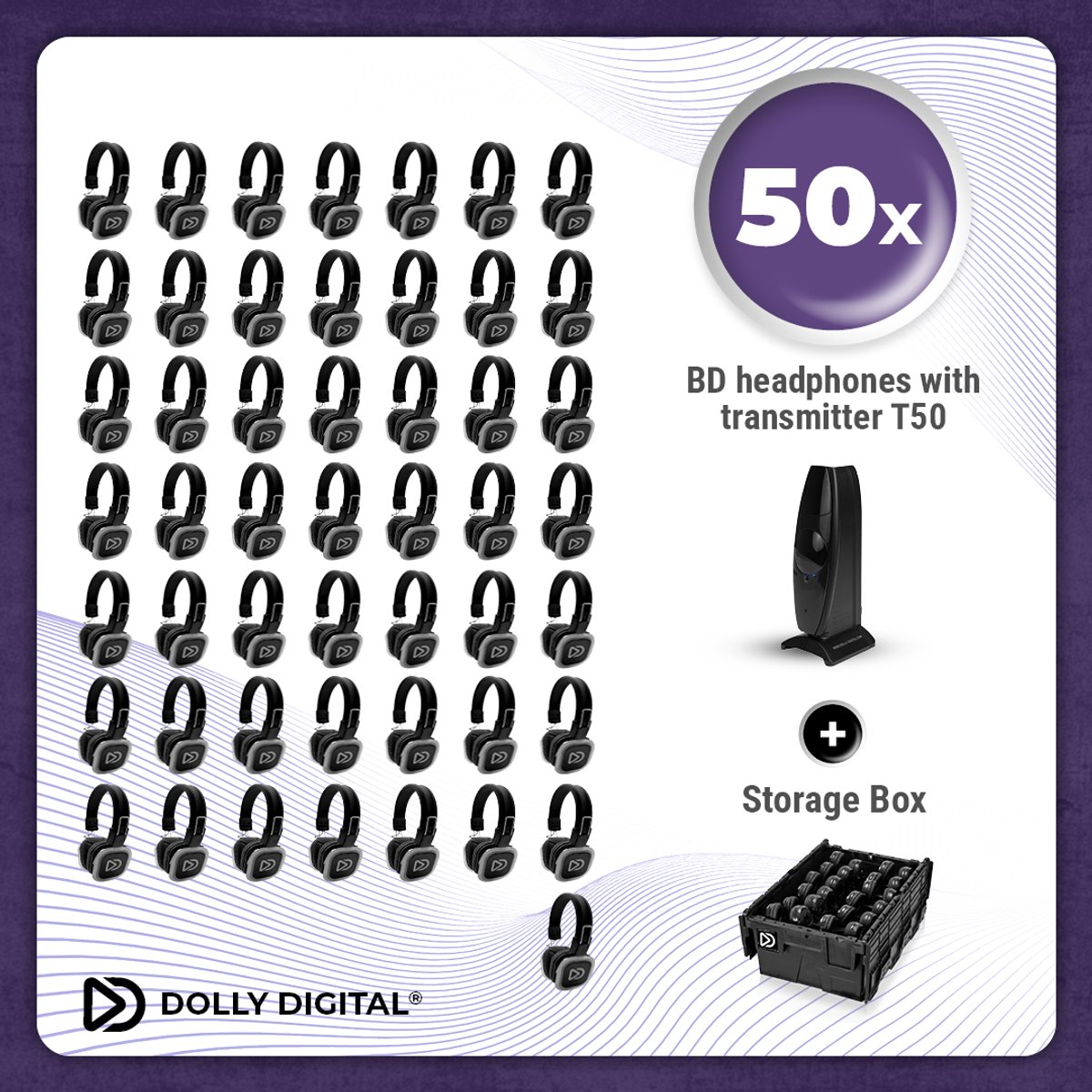 Complete Set 50x Dolly Digital© BD Draadloze Koptelefoons voor groepen + T50 Zender + 2 Professionele Storage Boxen| Silent Disco