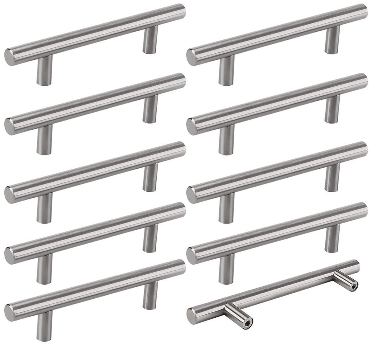 GELLDG 10 stuks meubelgrepen - 128 mm gatenafstand - Deurgrepen - Keukenkastgrepen - Roestvrij staal - Geborstelde afwerking - T-vormige grepen - Geschikt voor keukens, woonkamers en kledingkasten - Zilver