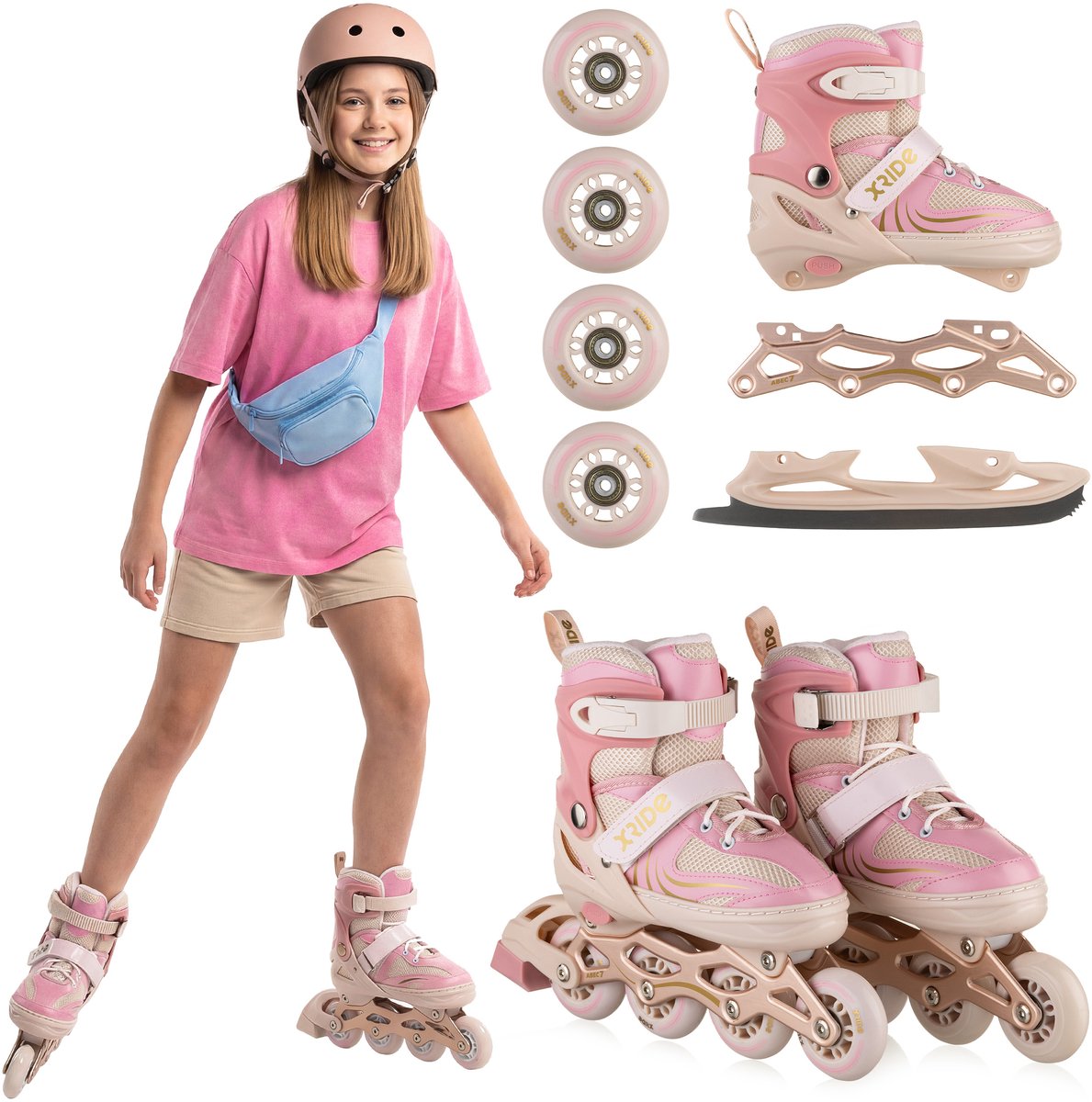 Xride® 4-in-1 Skeelers Inline Skates Rolschaatsen Tri-skates Schaatsen – ABEC 7 Lagers Meisjes Roze