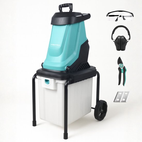 Foto: Ventra elektrische hakselaar wood shredder 2800w voor takken tot 45mm 55l opvangbak 4500 rpm inclusief snoeischaar reservemessen en veiligheidsbril