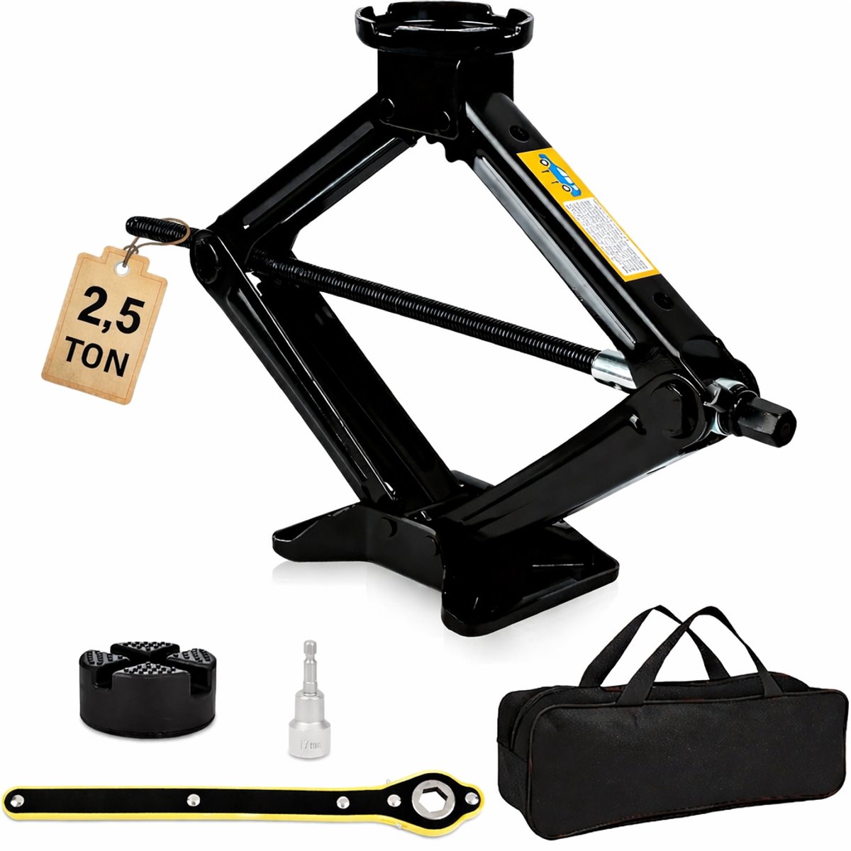 2.5T Schaarwagenkrik Set – 10–43 cm Hefhoogte – Incl. 6-kante slinger, 17 mm dop voor boormachine, rubber pad & draagtas – CE