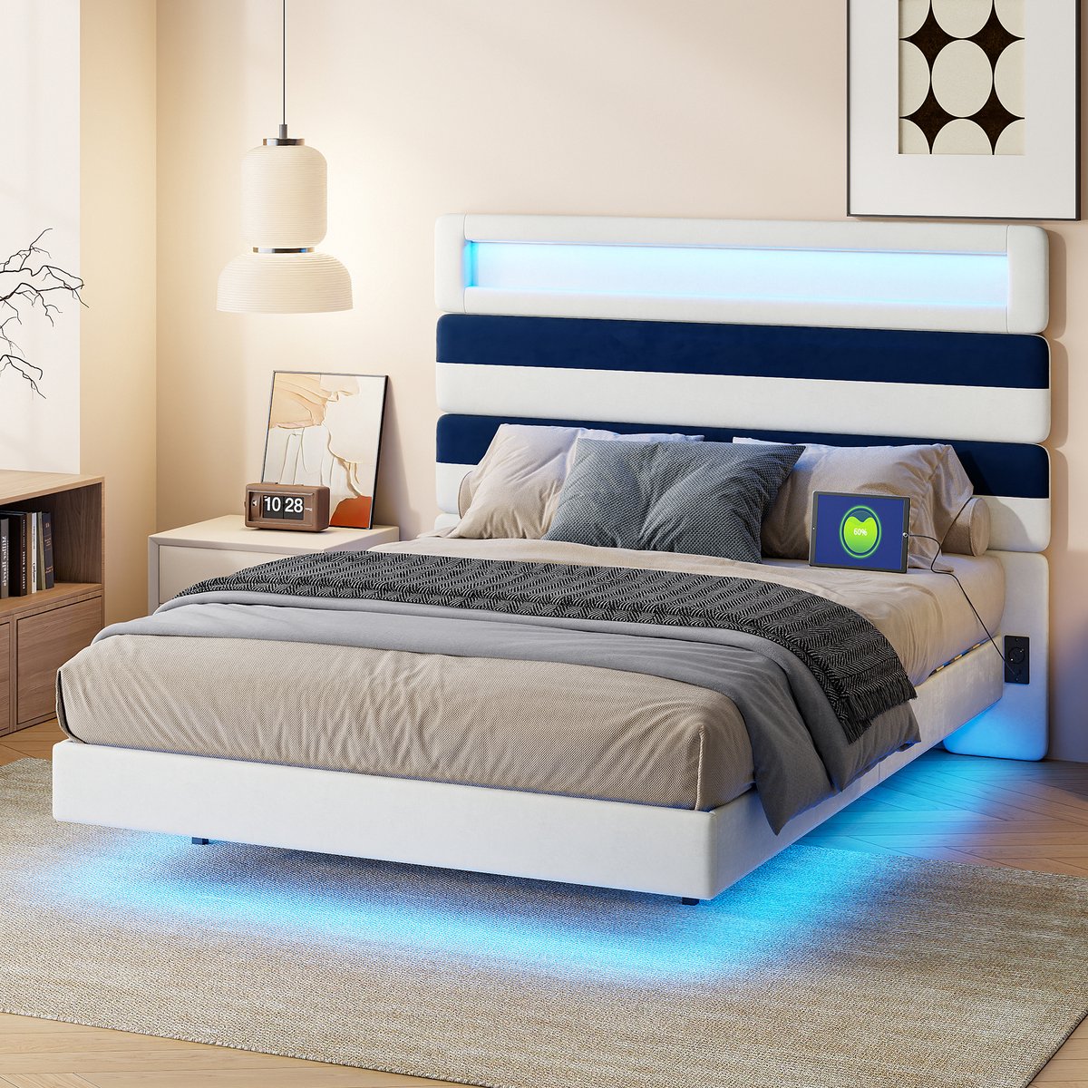 Solvenrik Zwevend Bed 140x190 met LED & USB – Velvet Design Bed Blauw/Beige – Lijnen Beige/Lijnen
