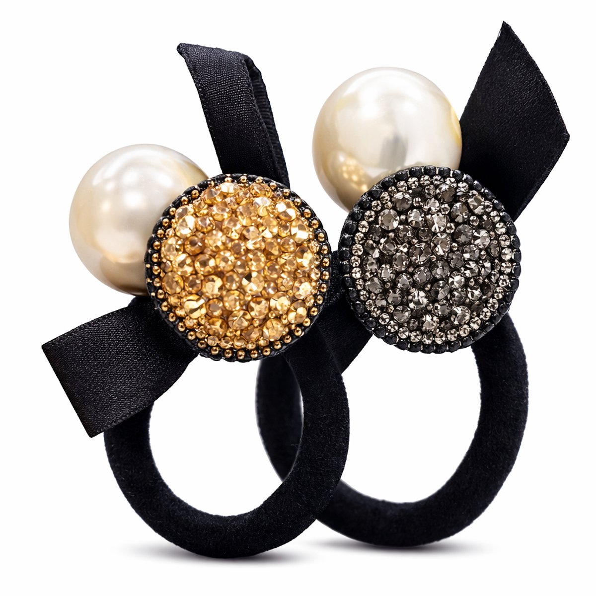 Haar elastieken - Haarspelden - 2 stuks - Parels - Haarsieraad - Haarspeld - Haarelastiekje - Haarclip - Haarklem - Dames - Zwart en Goud - Versierd - Strass - 3 cm - Cadeau Tip
