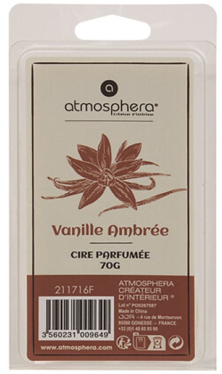 Atmosphera Créateur d'intérieur® Laura Geurwax - Aromatische Wax voor Oliebrander - Wax Melt voor Geurbrander - Warme Amber Vanille Geur - 70g - 5.5 x 2 x 10.2 cm - Cedergroen