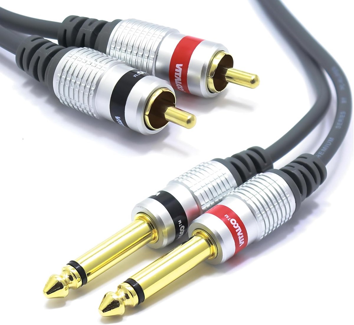 Audiokabel 2RCA - 2x Jack Mono - Verbinding Geluid - Zuiver Koper OFC - 10 Meter Lengte - Zwart