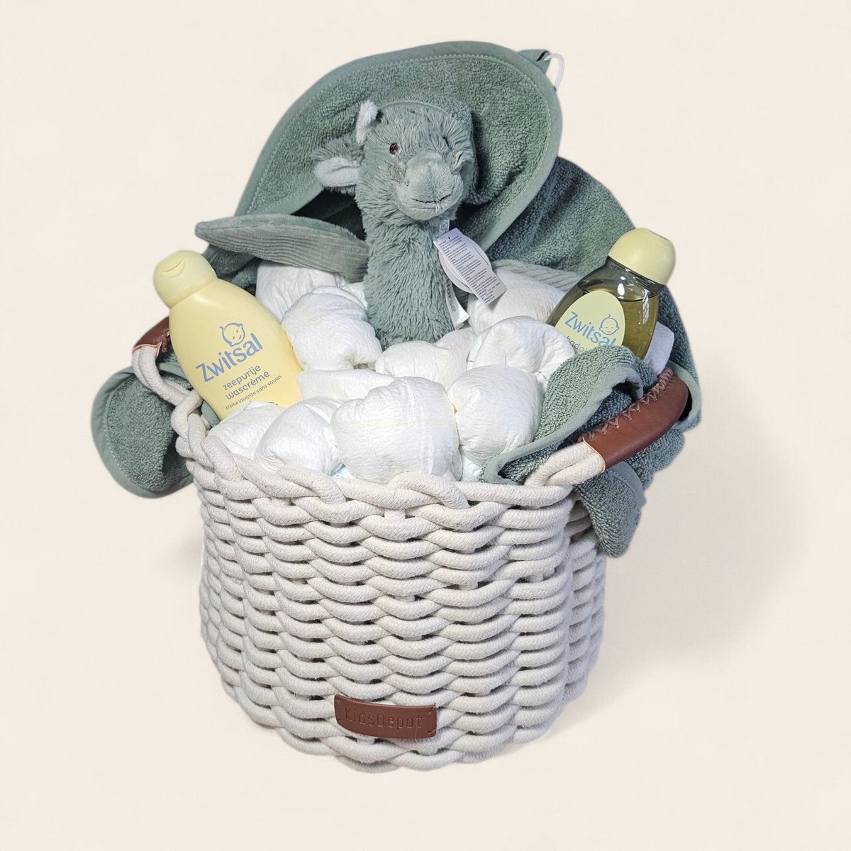Kraammand Baby Badpakket – Jollein Badcape Groen, Happy Horse Draak, Zwitsal Verzorging & Pampers Maat 2