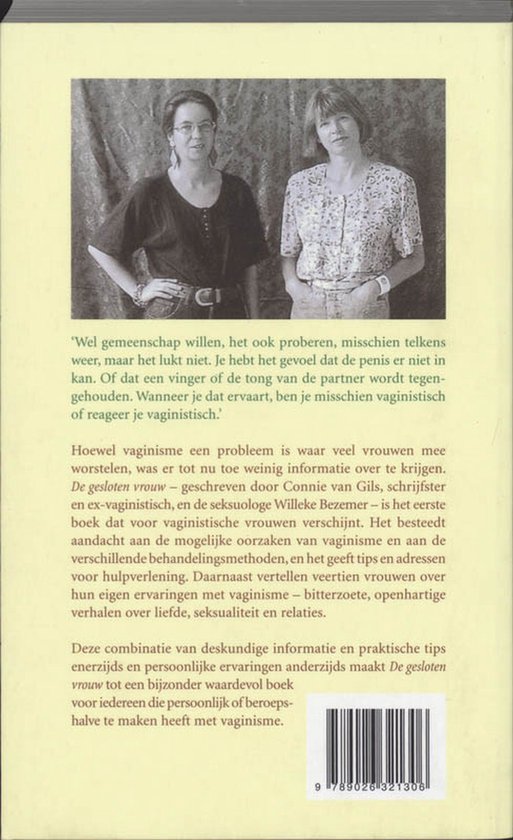 Achterkant van het boek met twee vrouwen, een citaat en de titel 'De gesloten vrouw'.