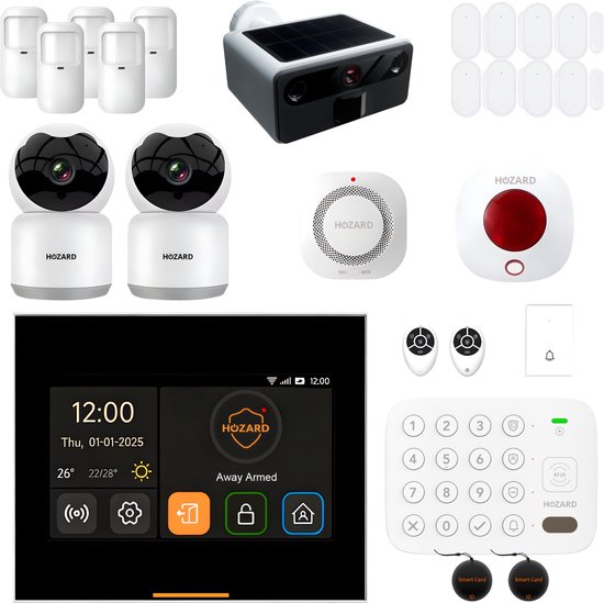 Hozard® Alarmsysteem Pakket A Plus V2.1 - WiFi & 4G Smart Home Beveiligingssysteem - Touchscreen – Slim Keypad - Binnen & Buiten Camera's - Rookmelder + Alarmlicht Sirene
