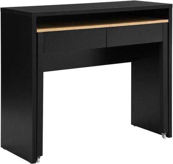 Uitschuifbaar Bureau 100x40x87 cm met 2 Lades – Compact Console Bureau / Sidetable Werkplek met Uittrekbaar Blad, Stalen Poten, Moderne Thuiswerkplek – Zwart & Naturel – Abkantoor
