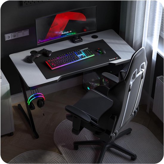 Gamingtafel 120x60 cm - Ergonomisch Bureau met Carbon Tafelblad, Hoofdtelefoonhouder en Bekerhouder - Wit — afbeelding 5