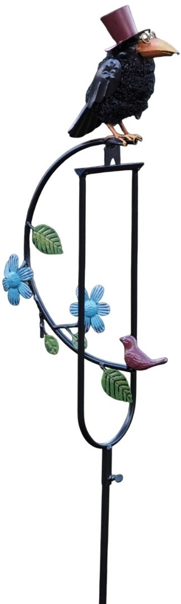Windspel vogel met hoedje, 20x12x130 cm - zwart blauw- metalen tuindecoratie