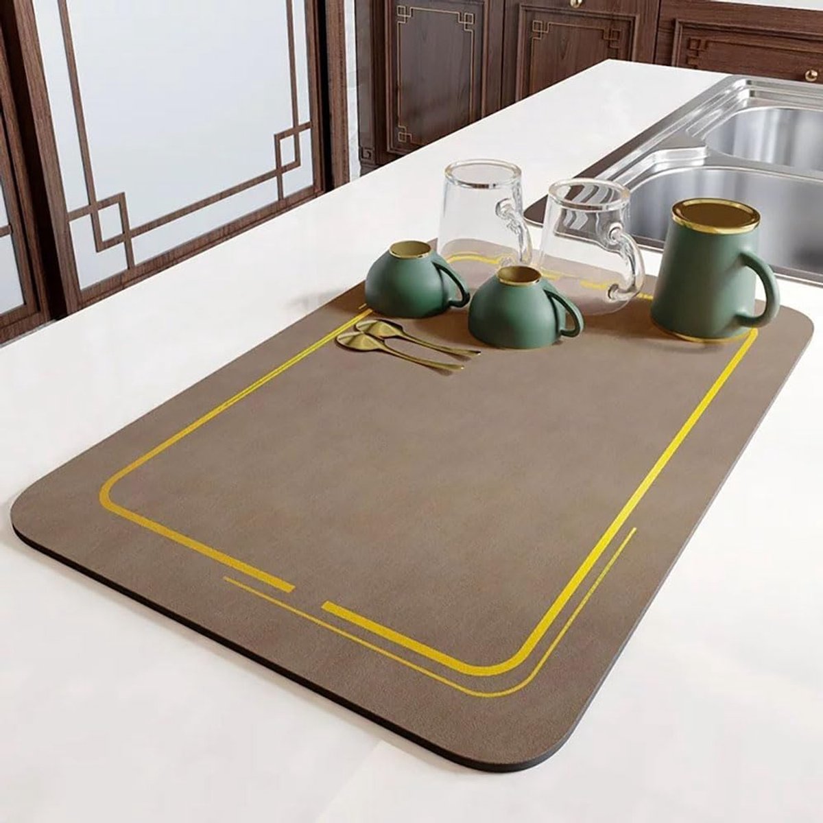 Afdruiprekmat antislip nanofiber 40x50 cm bruin met gouden frame