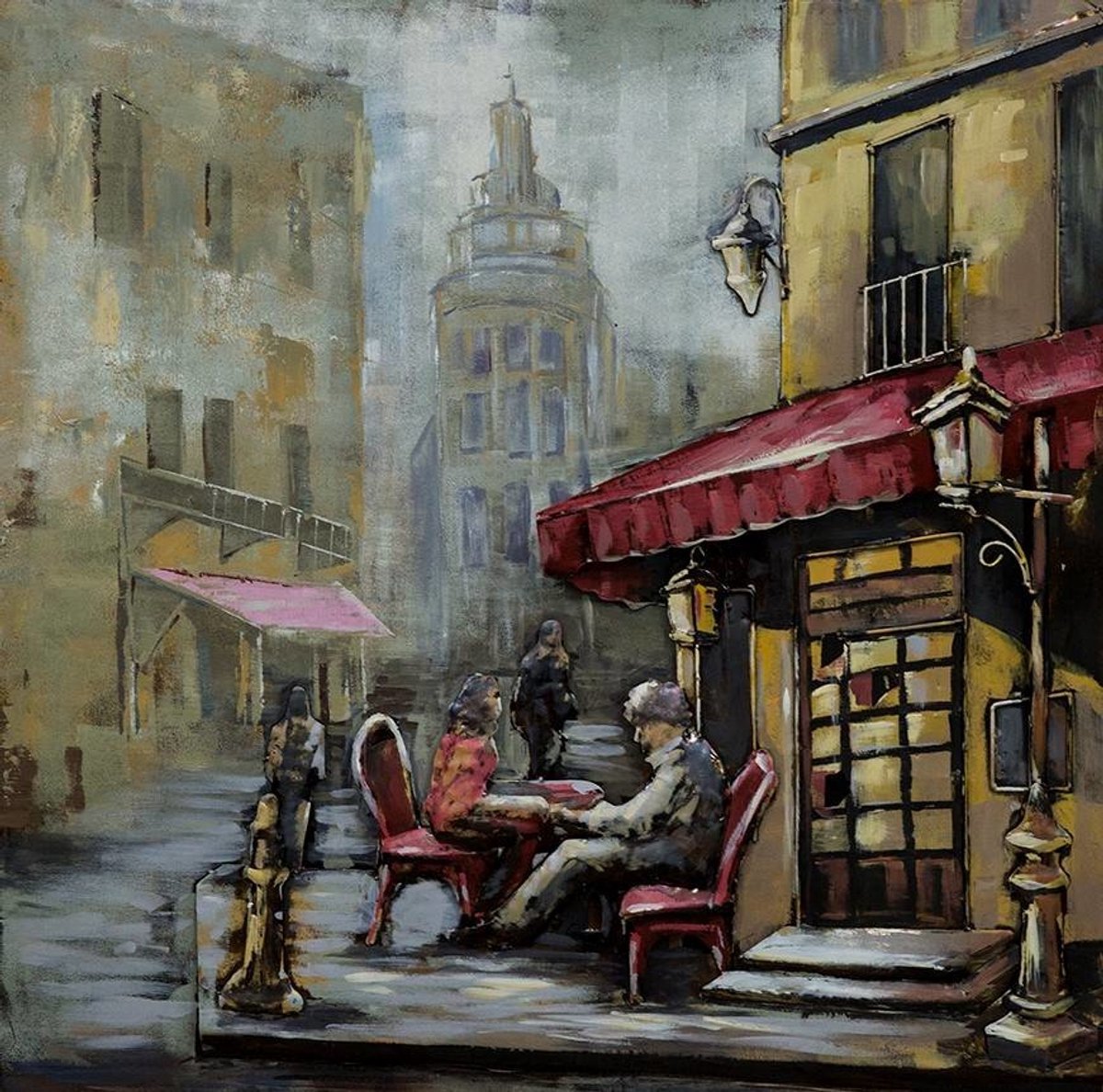 Terras -3D Metaal Schilderij - Café - 1 x 1 meter