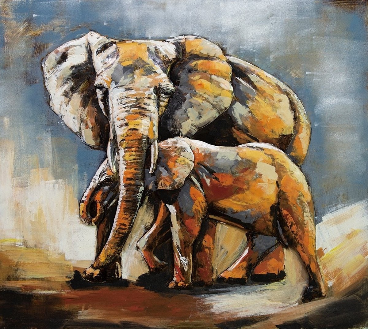 karo-art Schilderij - Metaalschilderij - Olifant en kalf, handgeschilderd op metaal 100x100cm Multikleur