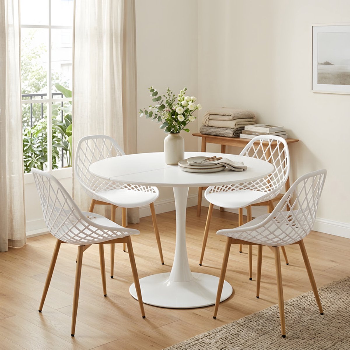 EGGREE eettafel en stoelen - 4 witte eetkamerstoelen - tafel Ø 100 cm - voor bar - café en restaurant Wit-4WH
