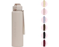 Cabau Bloom RVS Waterfles 870ml Beige - Geïsoleerde BPA-vrije & Lekvrije Thermosfles - Duurzame Herbruikbare Drinkfles met Schoonmaakborstel & Draagkoord - BPA vrij Sportfles Dames - Waterfles Volwassenen - Cadeau voor Haar