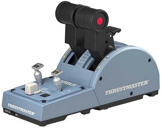 Grijze Thrustmaster TCA Quadrant met twee hendels, knoppen en de tekst 'AIRBUS'.