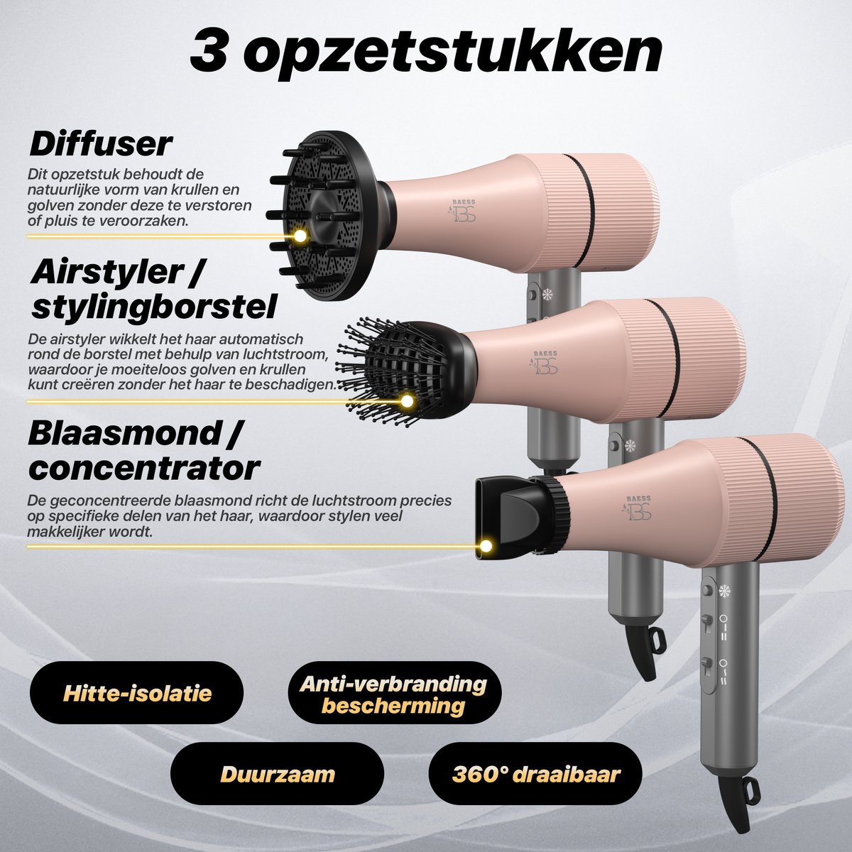 BAESS Föhn met Diffuser - Ionische Haardroger - Retro Roze - afbeelding 3