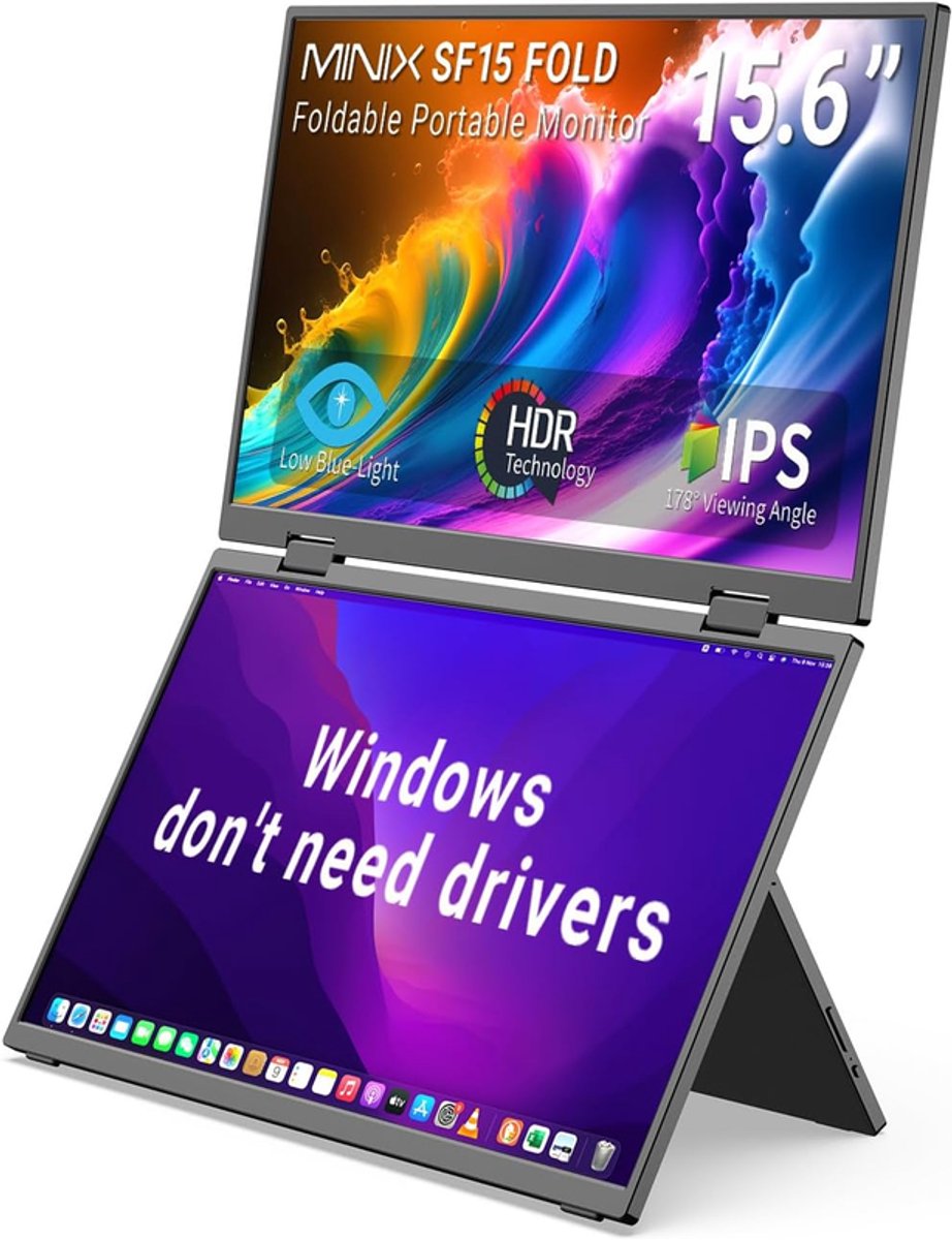 MINIX SF15 FOLD 15.6" Portable Monitor - Touchscreen - IPS Beeldscherm - Laag Blauw Licht - Inclusief Beschermhoes - Full HD - voor Laptops/Studie/Creatieve Projecten/Kantoorsamenwerking - Zwart