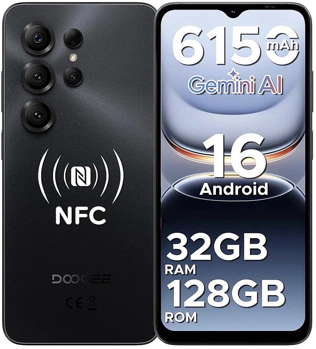 DOOGEE NOTE 56X PRO Smartphone - 32 GB RAM - 128 GB ROM - 4G Dual SIM - 6150 mAh - 6,56 inch - Anroid16 - GPS - NFC - Widevine L1 - Face ID - Zwart