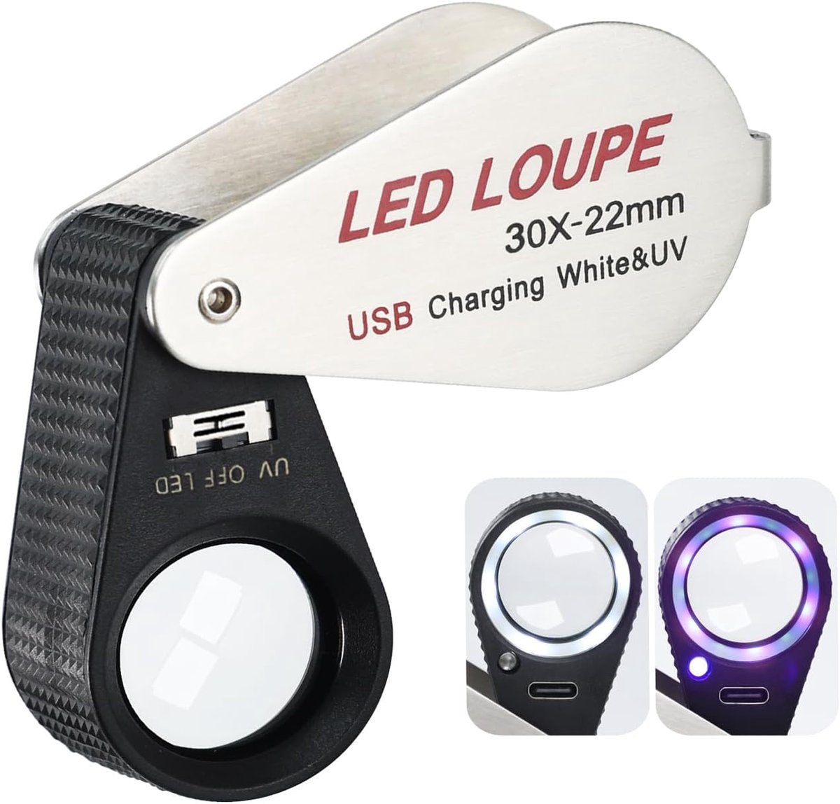Oplaadbare Edelsteenloep 30x Met Led En Uv Licht - Opvouwbare Vergrootglas Voor Sieraden En Munten