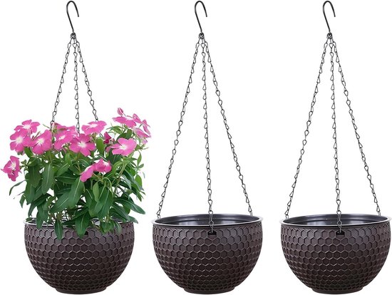 Set van 3 hangende bloempotten met kettingen en waterreservoir, inclusief afvoergat, ideaal als wanddecoratie voor binnen, balkon en tuin, bruin, maat S