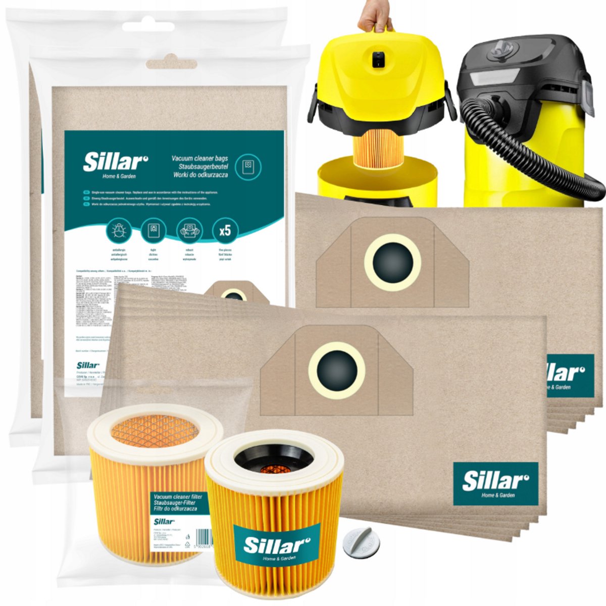 Sillar 10x Stofzuigerzakken papieren + 1x stofzuigerfilter versterkt met gaas - met bevestigingsplug - set voor stofzuigers - compatibel met Karcher serie A K MV NT WD SE - vervangers