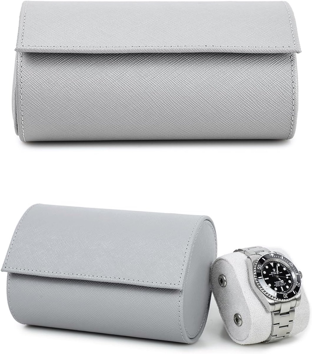 Genuine Leather Storage Case voor 2 Watches - Handmade Saffiano Leather Travel Watch - Portable Case met Removable Cushions en Snag Mounting Design (Grey)