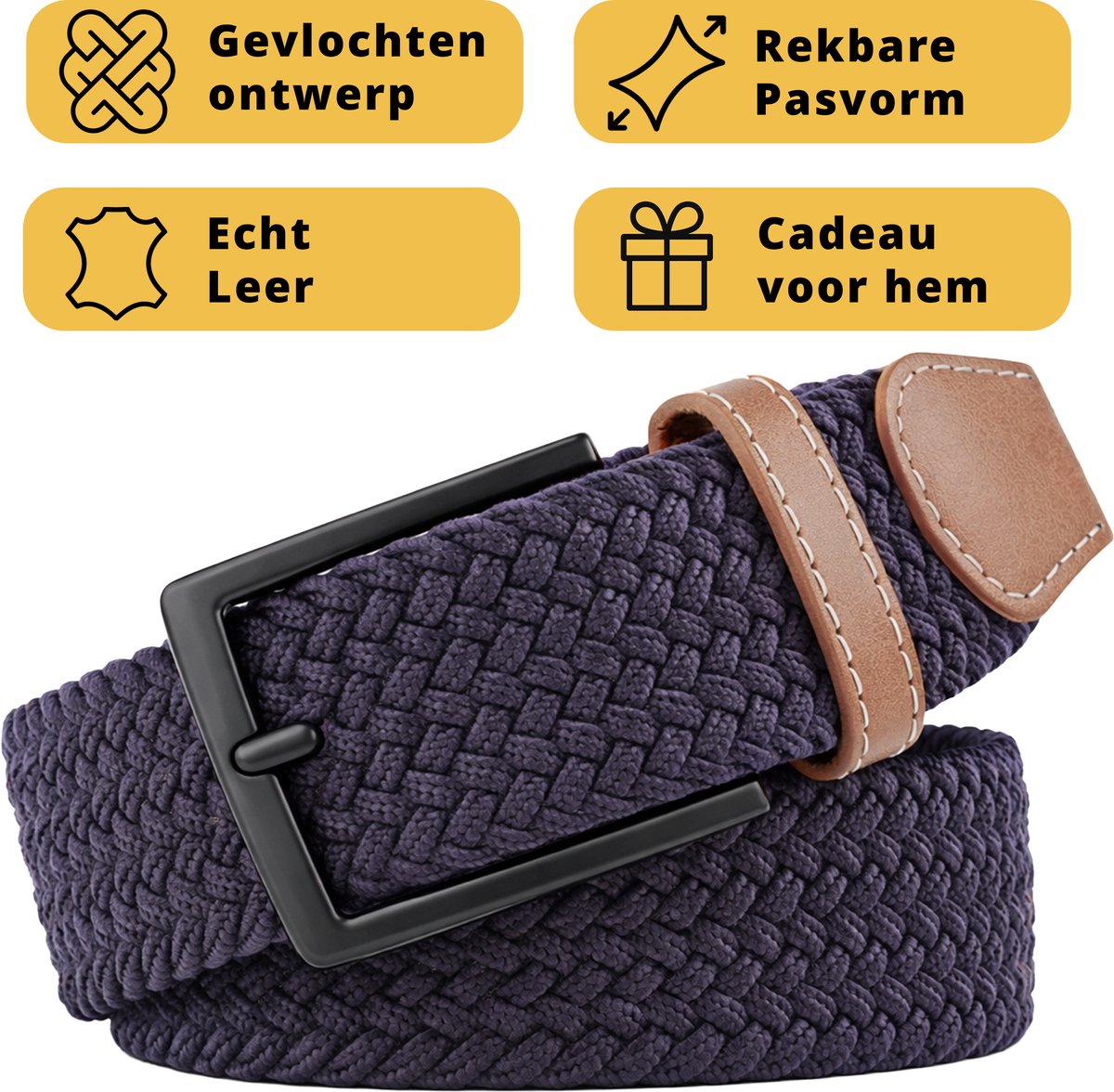 Garzini Elastische Riem Heren - Gevlochten Broekriem Heren zonder gaatjes - Broekriem zonder gaatjes - W31-W33 (91-99 cm) - Blauw