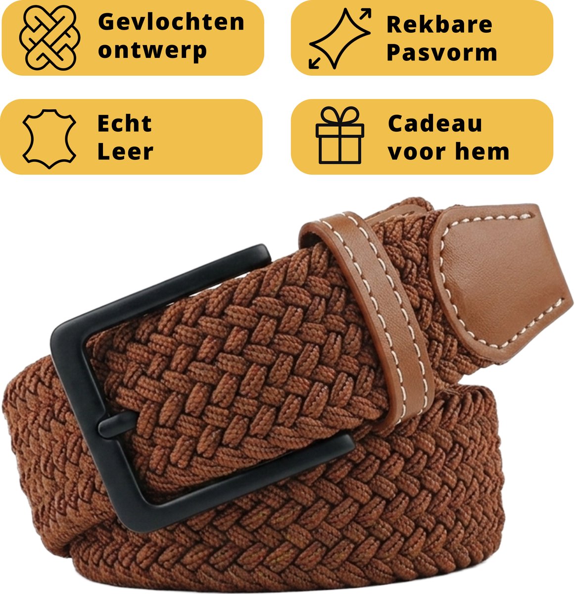Garzini Elastische Riem Heren - Gevlochten Broekriem Heren zonder gaatjes - Broekriem zonder gaatjes - W31-W33 (91-99 cm) - Donker Bruin