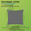 Grijs vierkant schaduwdoek van 300 cm, met pijl die minimale benodigde lengte van 330 cm aangeeft.